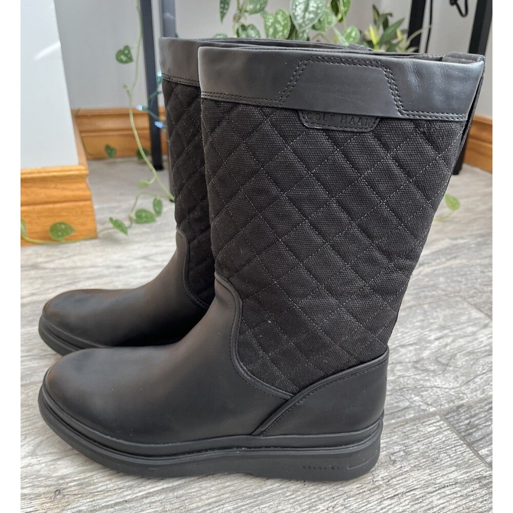 Cole Haan Quilted Women’s Pull  On Mid-Calf Boots Black Leather 7.5 Waterproof - Picture 4 of 13